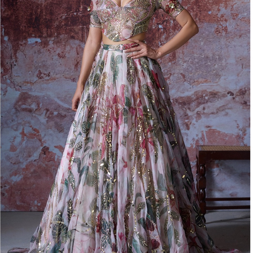 Elegant Pink Red Floral and Gold Embroidered Mahima Mahajan Lehenga - Picture 2 of 7